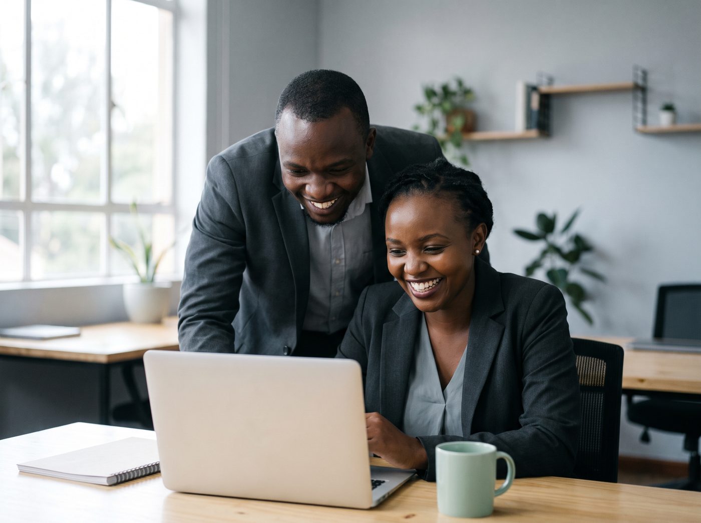 Two colleagues smiling at a laptop