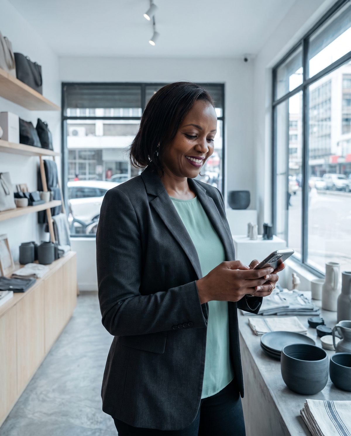 A shop owner smiling at her phone